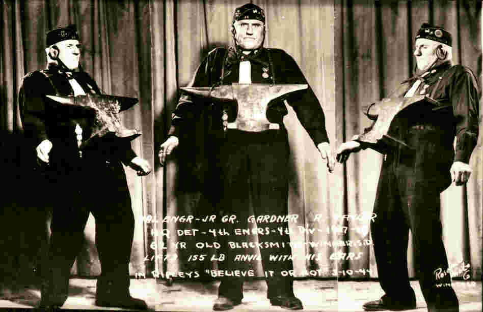 Gardner A. Taylor lifts a 155-pound anvil with his ears in Winner, S.D., 1944.
