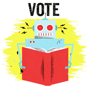 Illustration: A robot reads a book.