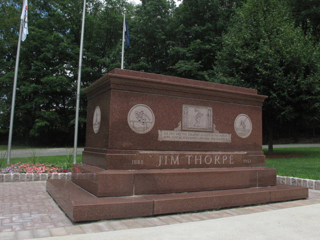 Jim Thorpe's rose-colored granite tomb sits alongside Pennsylvania Route 903 in Jim Thorpe, Pa.