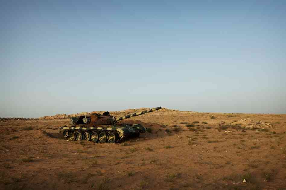 A destroyed T-64 that belonged to Gadhafi's forces sits in a field on the outskirts of Zintan — the closest Gadhafi's forces came to the city.