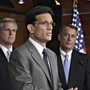 From left to right, House Majority Whip Kevin McCarthy, House Majority Leader Eric Cantor, and House Speaker John Boehner speaks to reporters about the debt crisis showdown during a news conference on Capitol Hill in Washington.