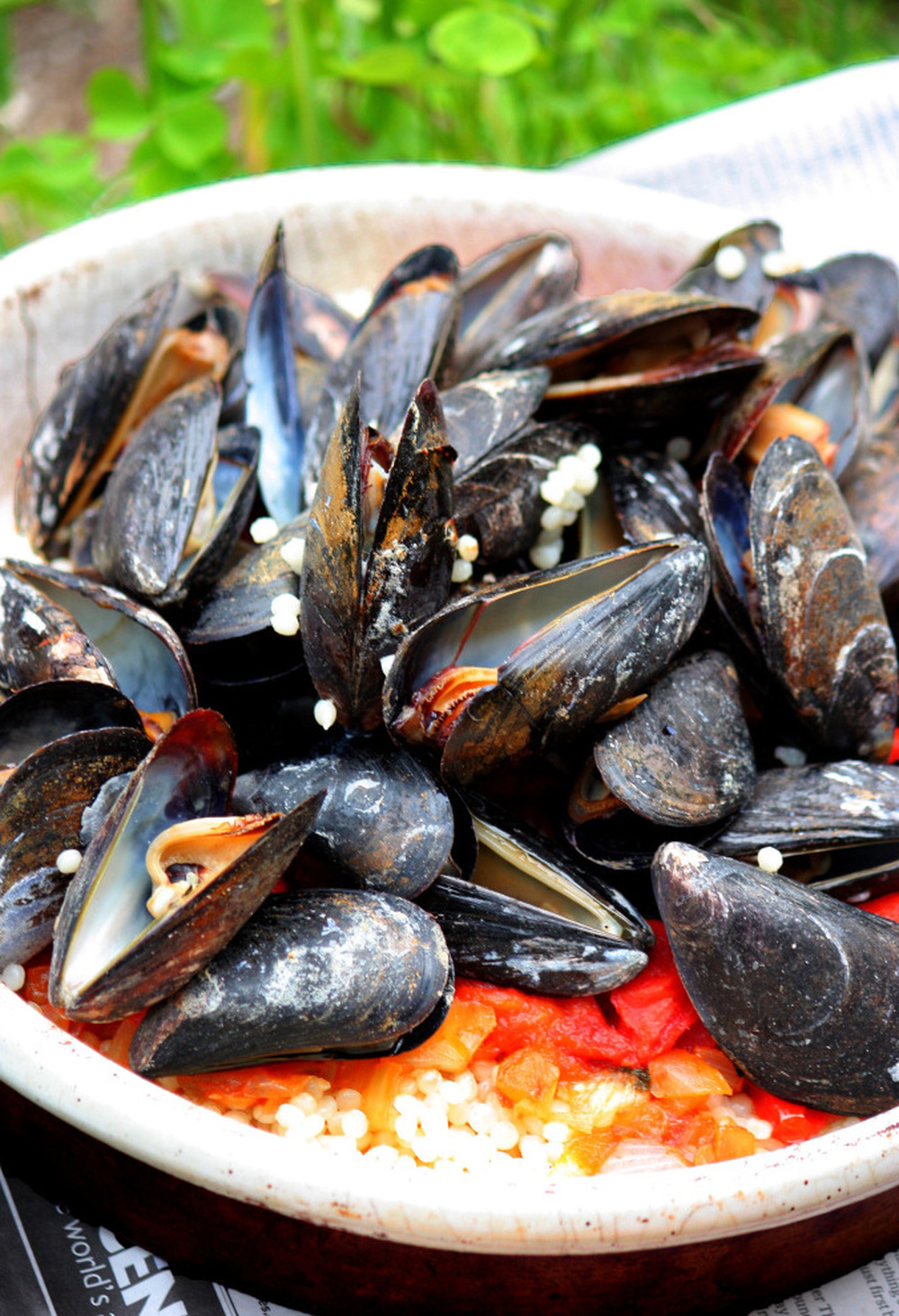 Grilled Mussels With Simmered Tomatoes Over Couscous