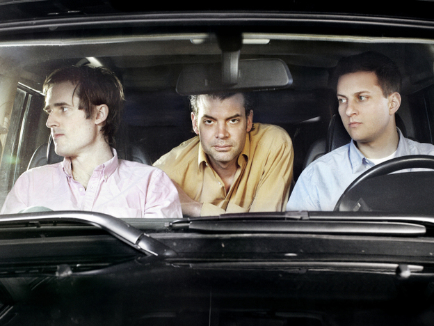Battles' second album, Gloss Drop, is its first as a trio. Left to right: Ian Wiiliams (guitar, keyboards), John Stanier (drums), Dave Konopka (bass, guitar, effects).
