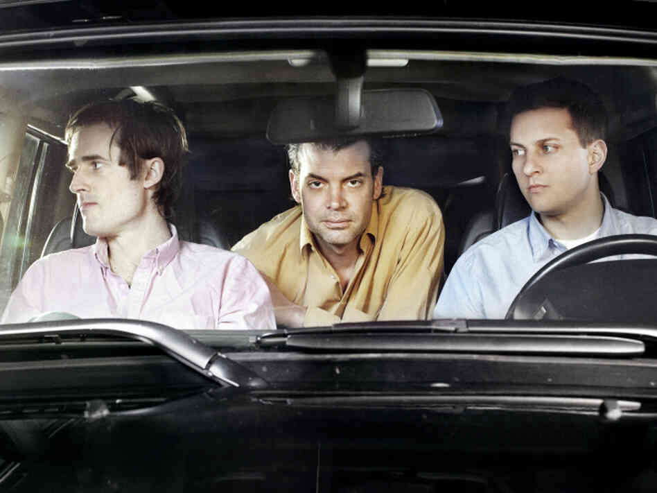 Battles' second album, Gloss Drop, is its first as a trio. Left to right: Ian Wiiliams (guitar, keyboards), John Stanier (drums), Dave Konopka (bass, guitar, effects).