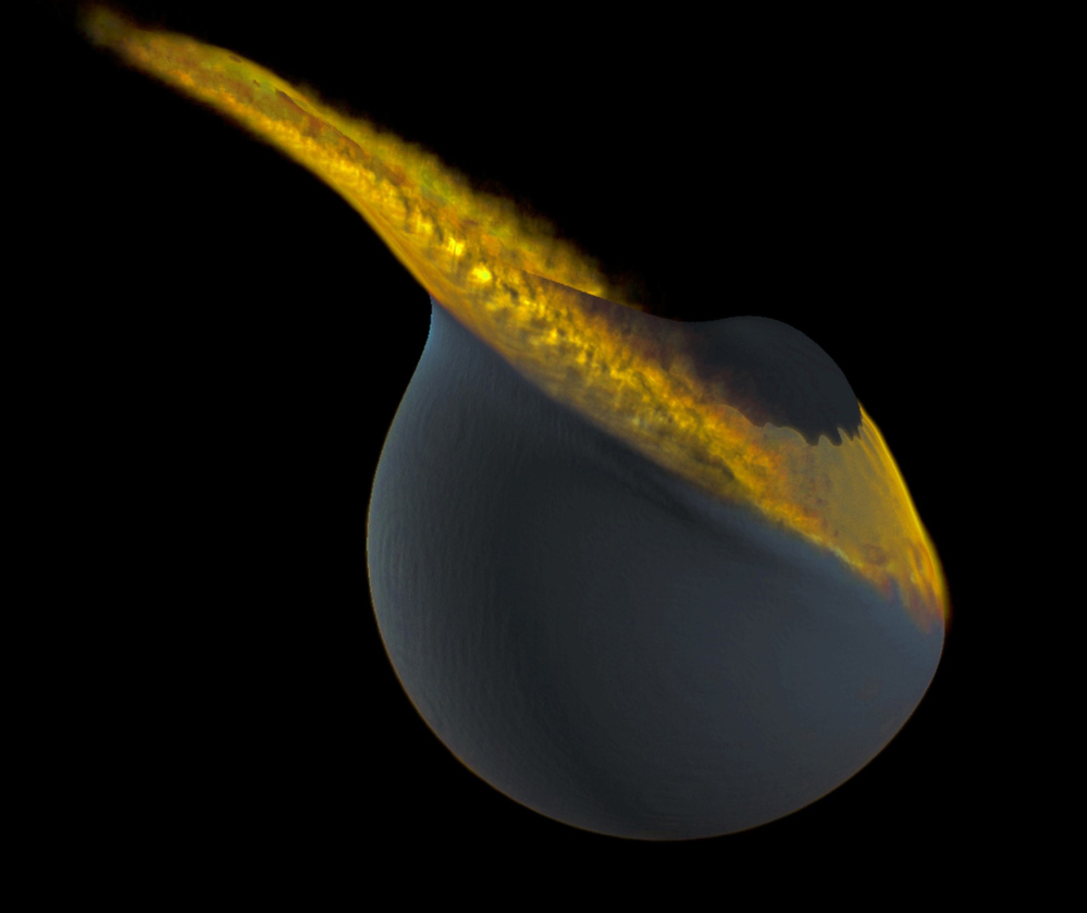 This artist's illustration shows a collision between the moon and a companion moon. Scientists say the collision could be responsible for the moon's asymmetric shape.