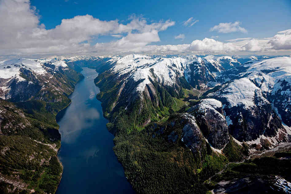 An aerial view shows Canada's Great Bear Rainforest.