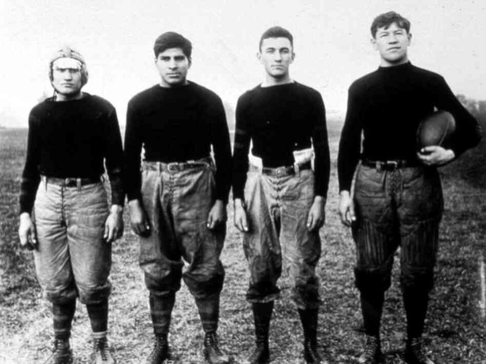 In this undated photo, Thorpe (far right) stands with teammates from the Carlisle Indian Industrial School football team in Carlisle, Pa., where he was named an All-American football player in 1911 and 1912. In 1920, he became the first president of the American Professional Football Association, now known as the National Football League. 