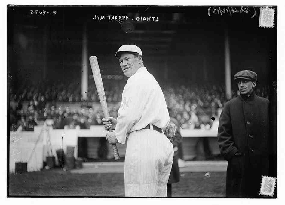 Thorpe poses in his New York Giants baseball uniform in 1913. After losing his amateur status following the Olympic medal scandal, Thorpe turned to baseball to continue his professional athletic career. 