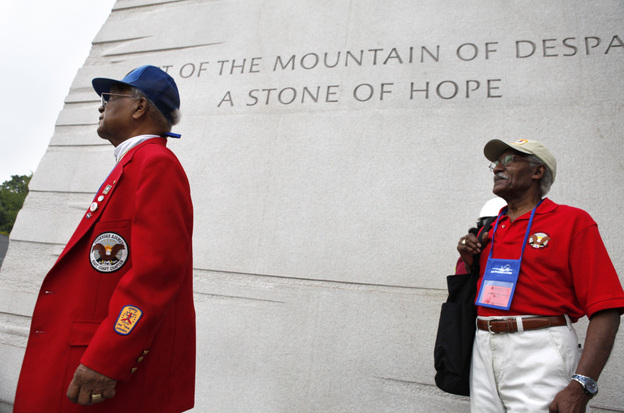 Tuskegee Airmen William Fauntroy, left, and William Wilson, got an early look at the Martin Luther King, Jr. Memorial Wednesday. The veterans are in Washington for the Tuskegee national convention; the memorial will open in late August.