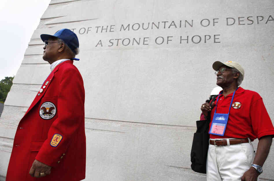 Tuskegee Airmen William Fauntroy, left, and William Wilson, got an early look at the Martin Luther King, Jr. Memorial Wednesday. The veterans are in Washington for the Tuskegee national convention; the memorial will open in late August.