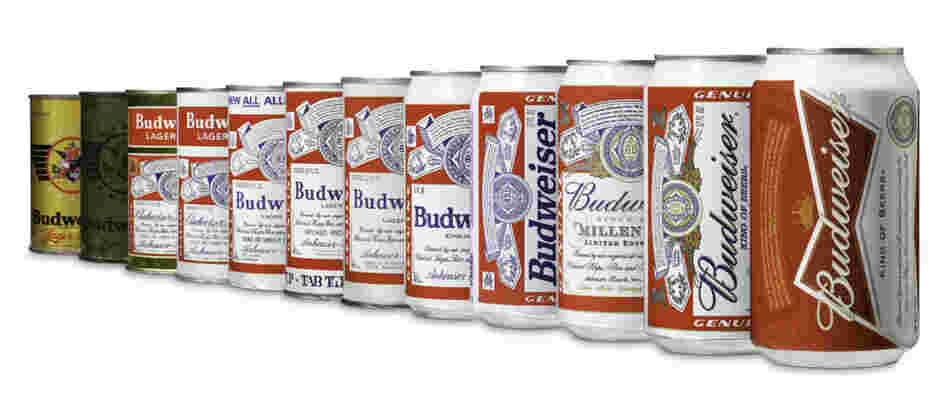 The 12 Cans Of Budweiser: Bud's new design (far right) emphasizes a bow tie. A 1940s version for soldiers (second from left) used olive drab, presumably to blend into combat situations.