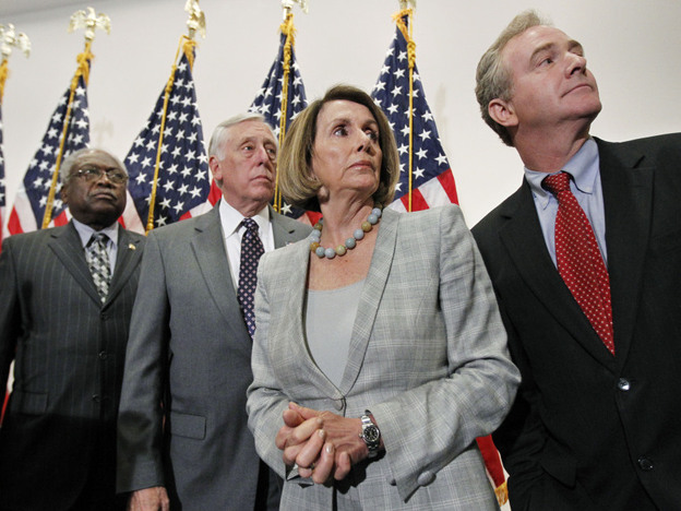 Democratic Leader Nancy Pelosi and House Minority Whip Steny Hoyer (second from left) will have to choose colleagues for the debt committee. Reps. James Clyburn (left) and Chris Van Hollen (right) have been mentioned as candidates.