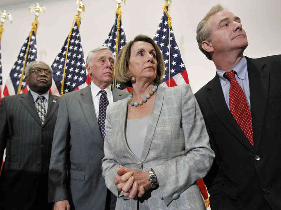 Democratic Leader Nancy Pelosi and House Minority Whip Steny Hoyer (second from left) will have to choose colleagues for the debt committee. Reps. James Clyburn (left) and Chris Van Hollen (right) have been mentioned as candidates.