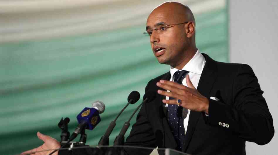Saif al-Islam Gadhafi, son of Libyan leader Moammar Gadhafi, speaks in the capital Tripoli in 2008. Saif al-Islam Gadhafi, son of Libyan leader Moammar Gadhafi, speaks in the capital Tripoli in 2008.