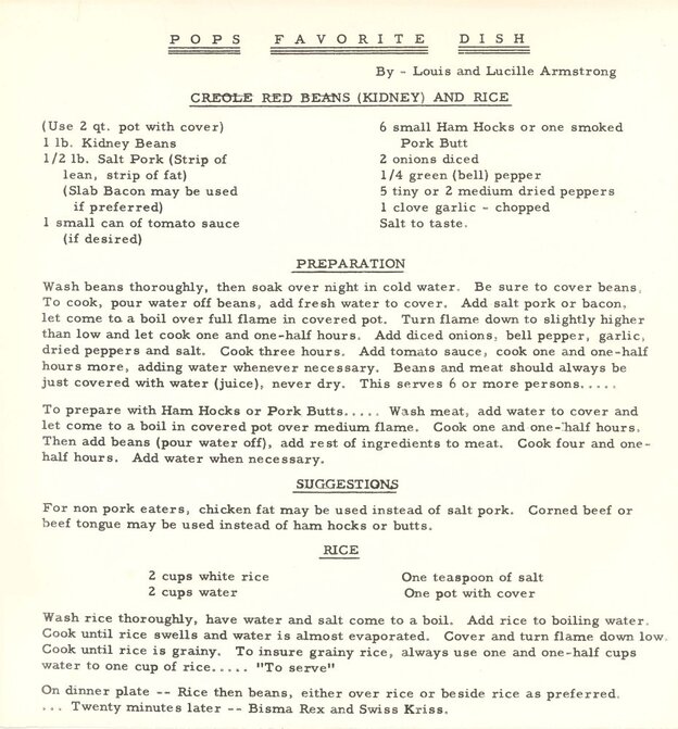 Fagioli rossi di Louis Armstrong e ricetta del riso. Fagioli rossi di Louis Armstrong e ricetta del riso.