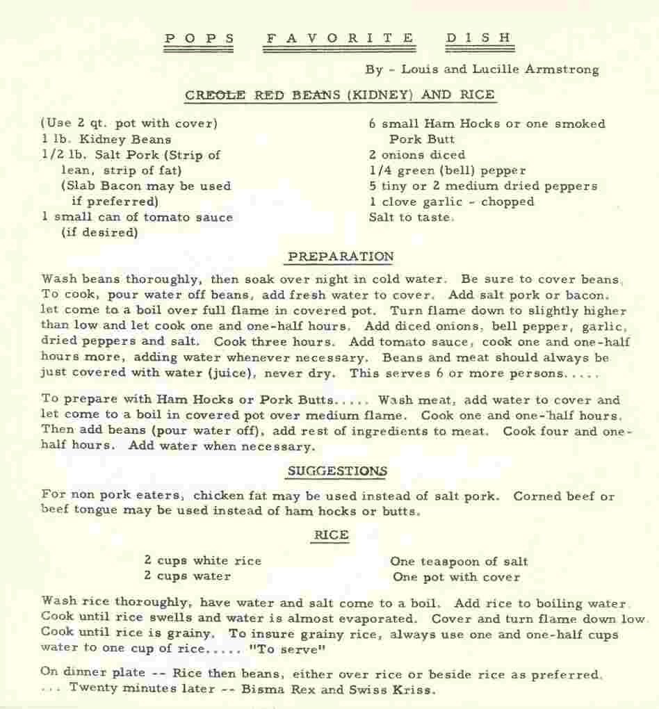 Louis Armstrong's red beans and rice recipe. Louis Armstrong's red beans and rice recipe.