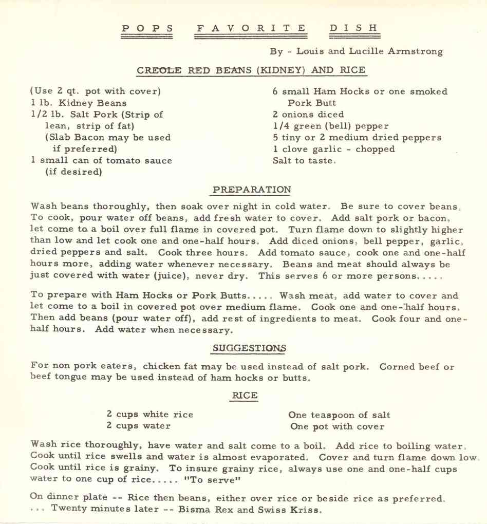 Louis Armstrong's red beans and rice recipe. Louis Armstrong's red beans and rice recipe.
