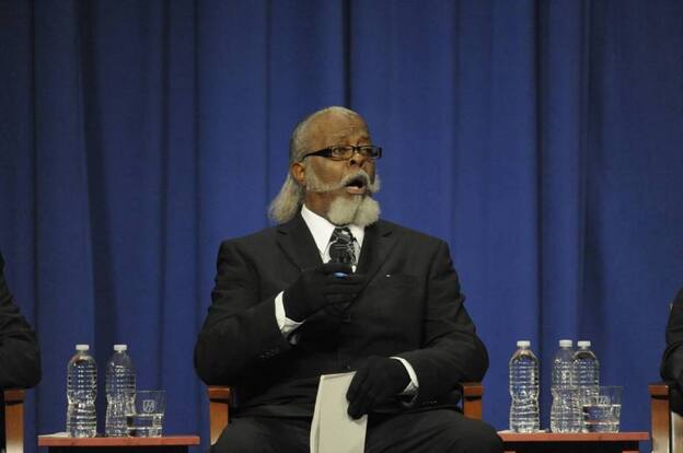 Jimmy McMillan of the Rent is Too Damn High Party speaks during the gubernatorial debate at Hofstra University in Oct. 2010.