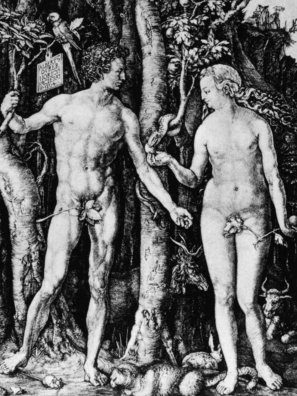 An engraving depicting Adam and Eve in the Garden of Eden, by Albrecht Durer, 15th century.
