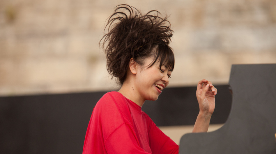 Hiromi performs on the Fort Stage during the Newport Jazz Festival.