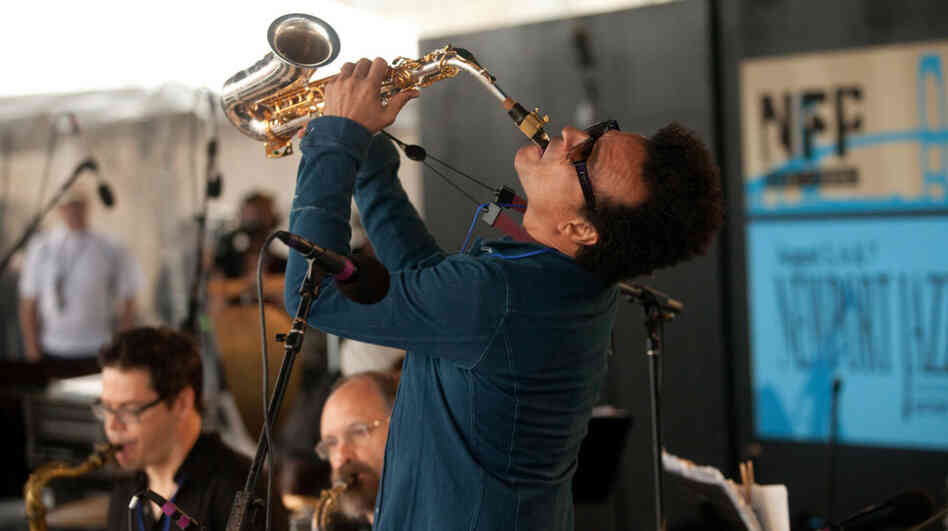 Alex Foster performs with Mingus Big Band at the Fort Stage during the Newport Jazz Festival.