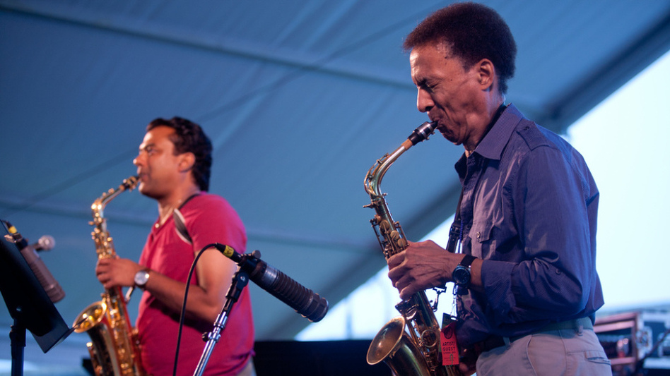Rudresh Mahanthappa (left) And Bunky Green perform with Apex on the Quad stage during the Newport Jazz Festival.