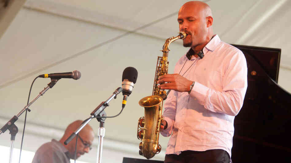 Miguel Zenón performs with his Puerto Rican Songbook group, including Luis Perdomo on piano (left), on the Quad stage during the Newport Jazz Festival. Miguel Zenón performs with his Puerto Rican Songbook group, including Luis Perdomo on piano (left), on the Quad stage during the Newport Jazz Festival.