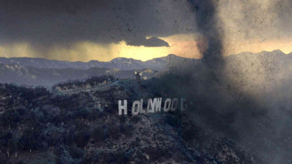 A tornado destroys the Hollywood sign (and everything it stands for) in the 2004 film The Day After Tomorrow. A tornado destroys the Hollywood sign (and everything it stands for) in the 2004 film The Day After Tomorrow.