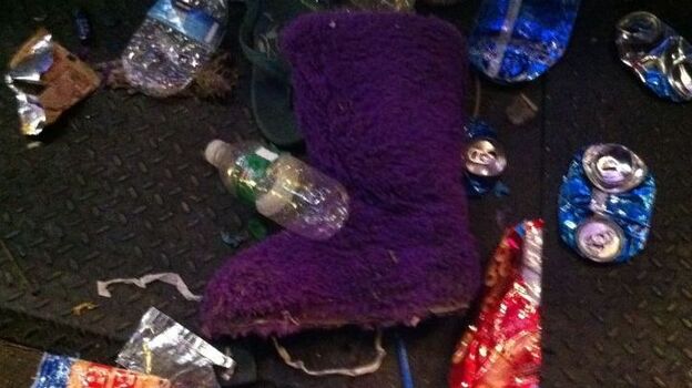 Who wears purple furry boots to a rock show? (Bob Boilen/NPR)