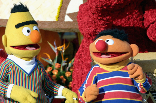 Sesame Street's Bert and Ernie ride the  "Music Makes Us Family" float in the 2005 Tournament of Roses Parade.