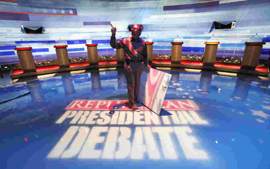 Preparations for the Iowa GOP presidential debate, Aug. 10, 2011.