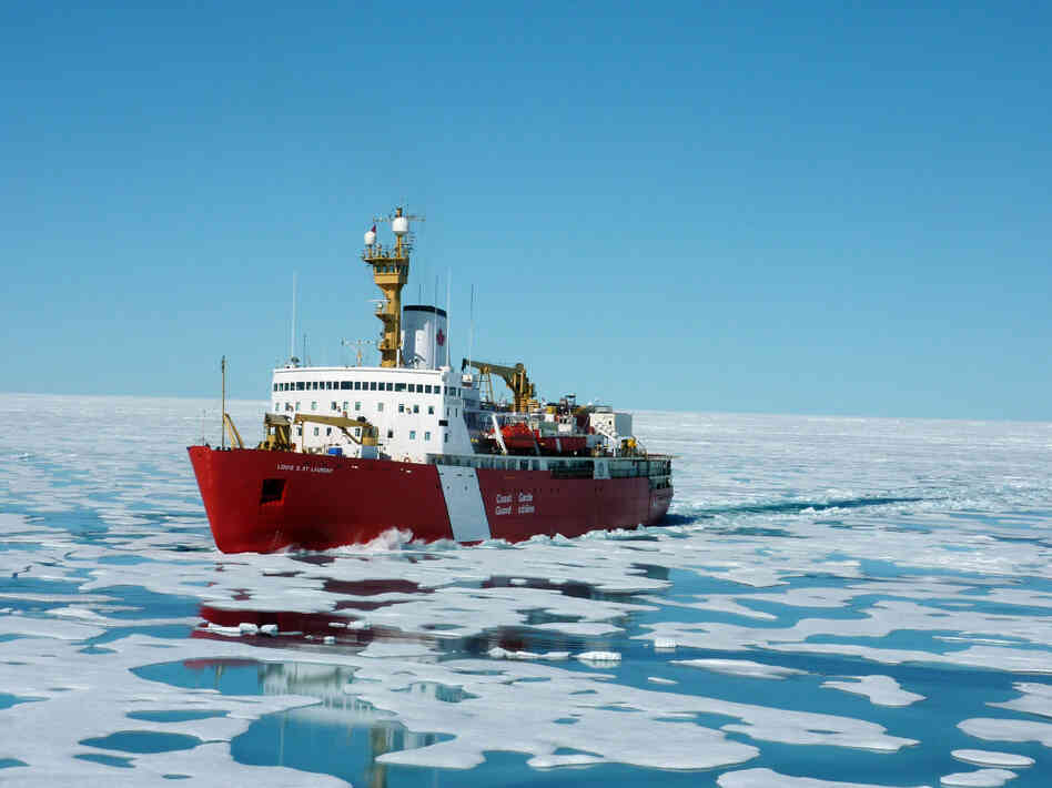 As Arctic temperatures rise, the Northwest Passage will be open up for longer periods of time. Here, the Louis slices through sea ice.