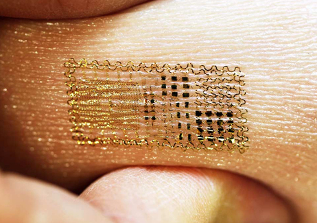 A new type of sensor uses flat, flexible electronics printed on a thin rubbery sheet, which can stick to human skin for at least 24 hours. A new type of sensor uses flat, flexible electronics printed on a thin rubbery sheet, which can stick to human skin for at least 24 hours.