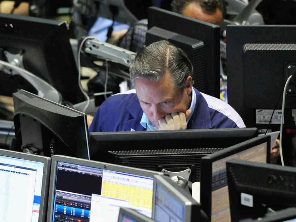 A trader studies his computer screen in the VIX pit at the Chicago Board Options Exchange on April 27.