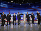 Republican presidential candidates participated in the Iowa GOP/Fox News Debate at the CY Stephens Auditorium in Ames, Iowa, Thursday. From left, former Sen. Rick Santorum (R-PA); businessman Herman Cain; Rep. Ron Paul (R-TX), former Massachusetts Gov. Mitt Romney; Rep. Michele Bachmann (R-MN); former Minnesota Gov. Tim Pawlenty; former Utah Gov. Jon Huntsman; former House Speaker Newt Gingrich. Republican presidential candidates participated in the Iowa GOP/Fox News Debate at the CY Stephens Auditorium in Ames, Iowa, Thursday. From left, former Sen. Rick Santorum (R-PA); businessman Herman Cain; Rep. Ron Paul (R-TX), former Massachusetts Gov. Mitt Romney; Rep. Michele Bachmann (R-MN); former Minnesota Gov. Tim Pawlenty; former Utah Gov. Jon Huntsman; former House Speaker Newt Gingrich.