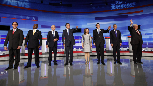 Republican presidential candidates participated in the Iowa GOP/Fox News Debate at the CY Stephens Auditorium in Ames, Iowa, Thursday. From left, former Sen. Rick Santorum (R-PA); businessman Herman Cain; Rep. Ron Paul (R-TX), former Massachusetts Gov. Mitt Romney; Rep. Michele Bachmann (R-MN); former Minnesota Gov. Tim Pawlenty; former Utah Gov. Jon Huntsman; former House Speaker Newt Gingrich.