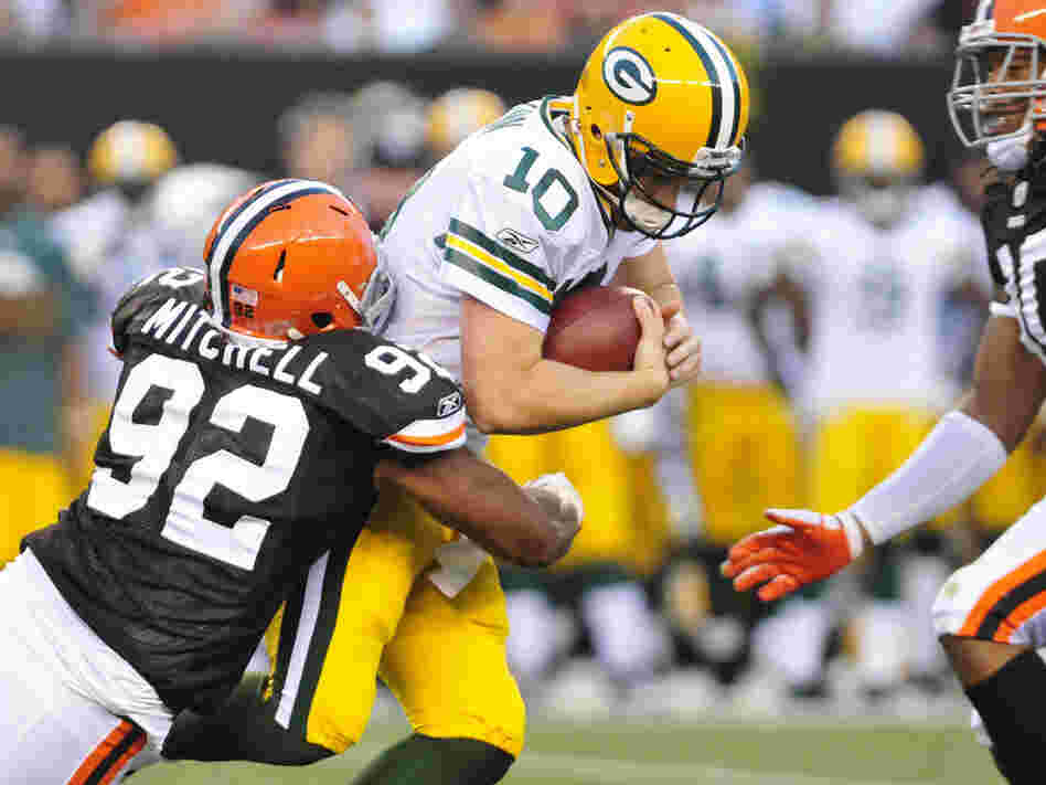 Green Bay Packers Quarterback Matt Flynn goes down hard during a preseason game vs. the Cleveland Browns on August 13. (Photo by Jason Miller/Getty Images)