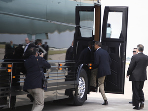 President Obama boards his bus after arriving at Minneapolis-St. Paul International Airport on Monday, to start his three-day economic tour. President Obama boards his bus after arriving at Minneapolis-St. Paul International Airport on Monday, to start his three-day economic tour.