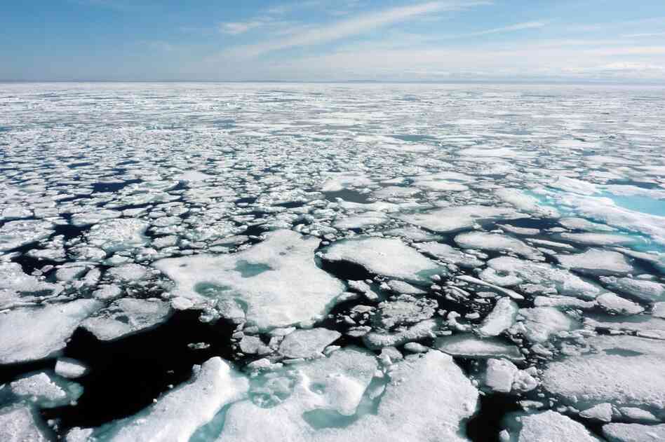 Over the course of the past several decades, temperatures in the Arctic have been rising faster than anywhere else. By mid-July, the ice in the Northwest Passage melts rapidly. Here, a vista of ice from the deck of the Louis.
