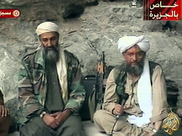 Osama bin Laden (left) and his top lieutenant, Egyptian Ayman al-Zawahiri, are seen at an undisclosed location in this television image broadcast Oct. 7, 2001. In Counterstrike, reporters Thom Shanker and Eric Schmitt say the United States tried to disrupt al-Qaida by attacking the organization's financiers and middlemen.