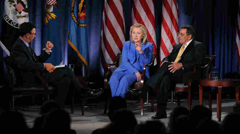 Secretary of State Hillary Clinton speaks as Secretary of Defense Leon Panetta (right) looks on during a conversation hosted by the National Defense University and CNN at the National Defense University in Washington, D.C., on Tuesday. Secretary of State Hillary Clinton speaks as Secretary of Defense Leon Panetta (right) looks on during a conversation hosted by the National Defense University and CNN at the National Defense University in Washington, D.C., on Tuesday.