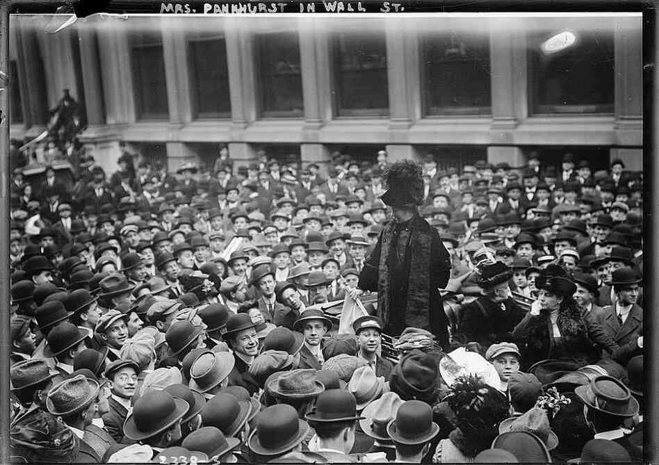 British suffragist leader Emmeline Pankhurst addresses a crowd on Wall Street, New York City, 1911.