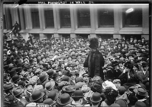 British suffragist leader Emmeline Pankhurst addresses a crowd on Wall Street, New York City, 1911.