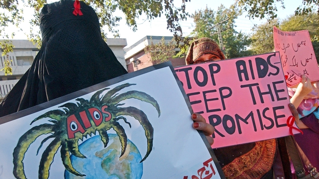 Pakistani NGO workers protest at a rally on World AIDS Day in Peshawar in 2006.