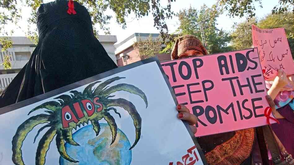 Pakistani NGO workers protest at a rally on World AIDS Day in Peshawar in 2006.