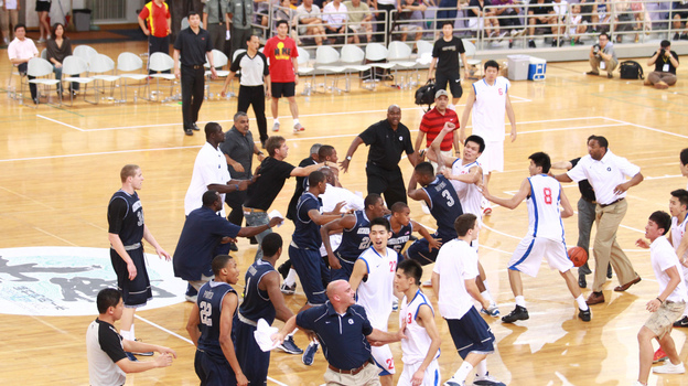 Basketball players from Georgetown University and China's Bayi Rockets team traded punches during their game, Thursday August 18, 2011. Basketball players from Georgetown University and China's Bayi Rockets team traded punches during their game, Thursday August 18, 2011.