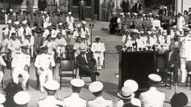 President Franklin D. Roosevelt speaks at the dedication of the Naval Medical Center in Bethesda, Md., in 1942.