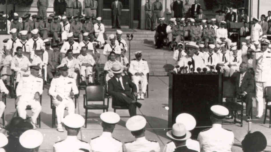 President Franklin D. Roosevelt speaks at the dedication of the Naval Medical Center in Bethesda, Md., in 1942.