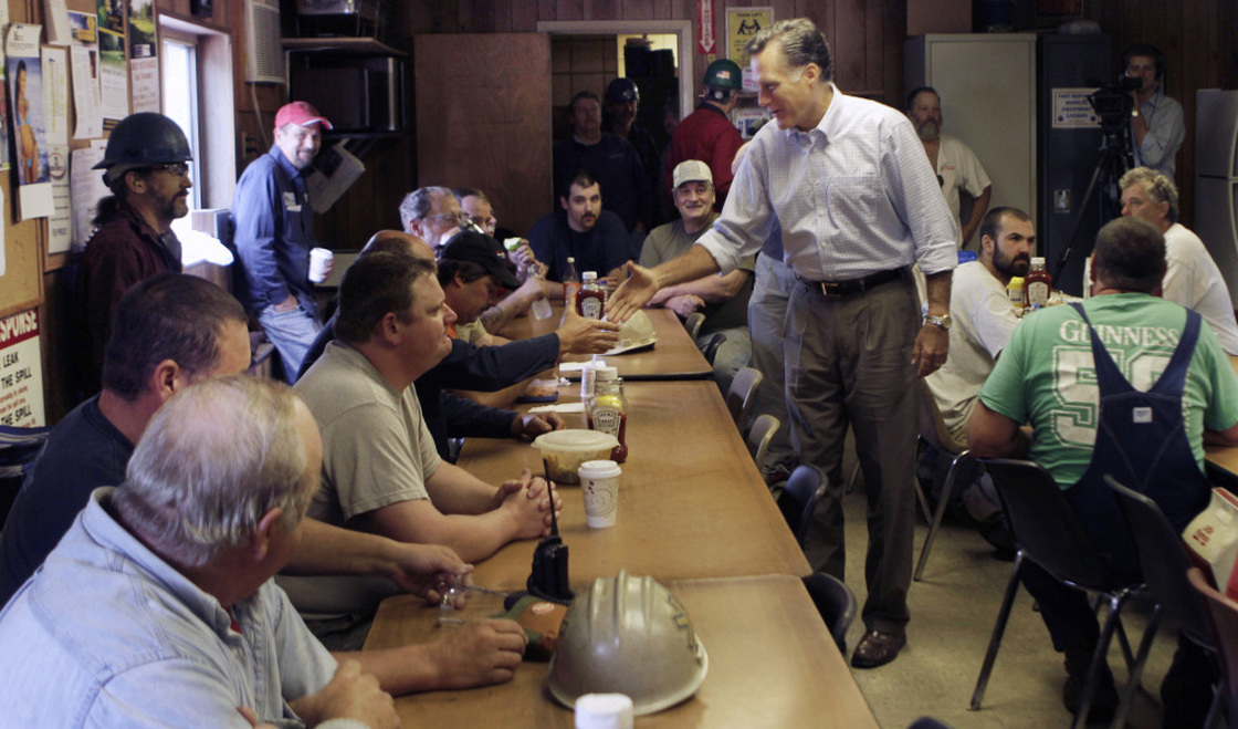 Mitt Romney greets workers at  Isaacson Steel in Berlin, N.H., Wednesday, Aug. 17, 2011.
