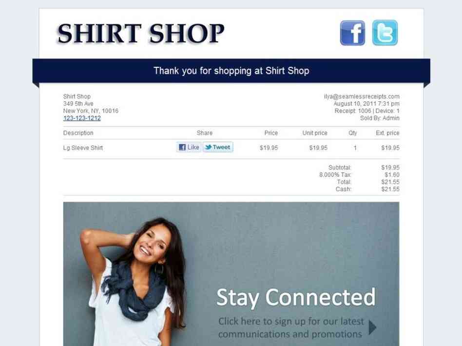 A sample e-receipt from Seamless Receipts that retailers e-mail to shoppers after purchase.